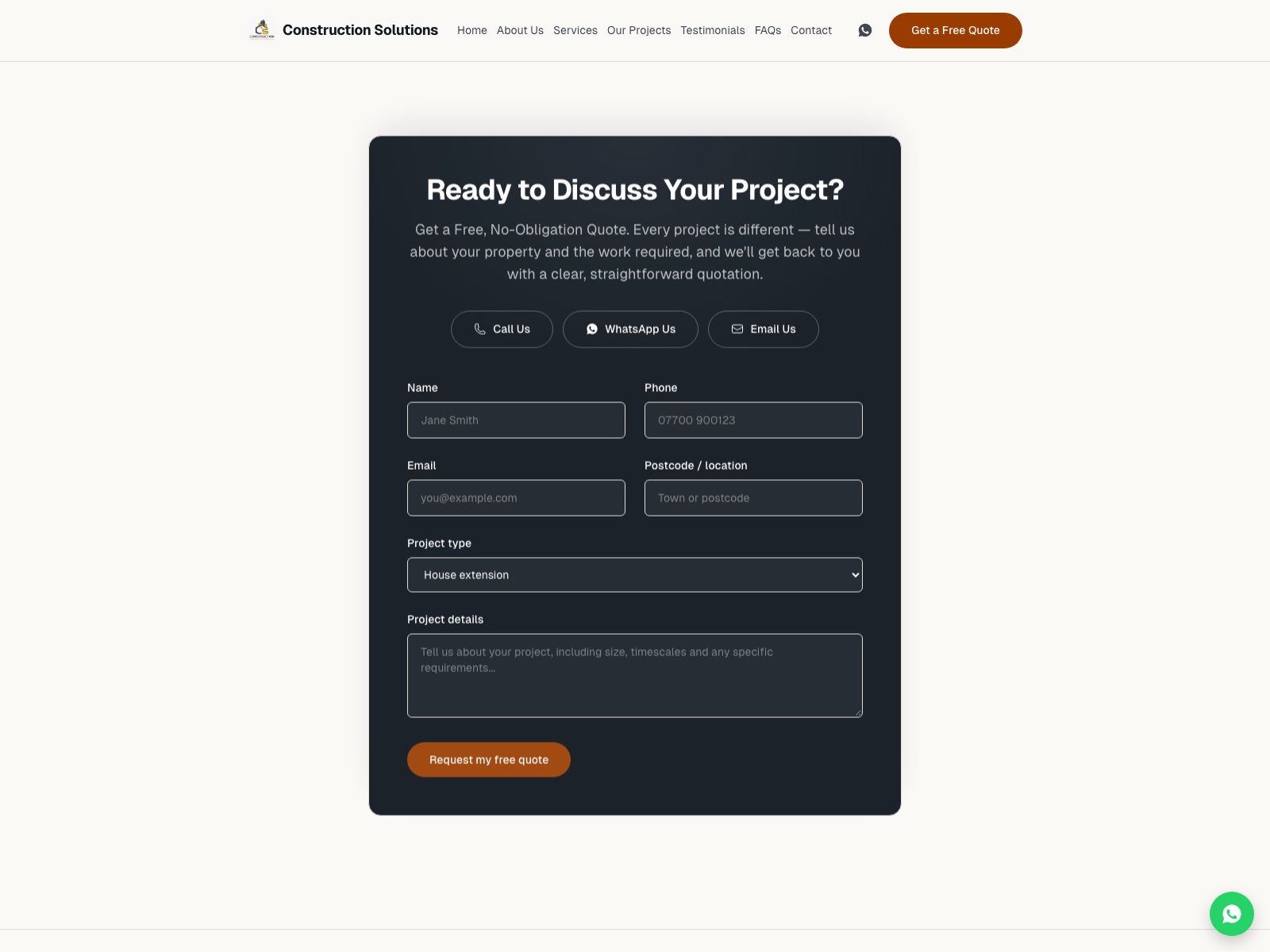 Construction Solutions website — contact page