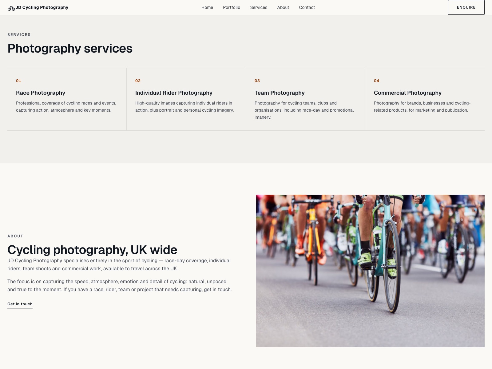 JD Cycling Photography website — services page