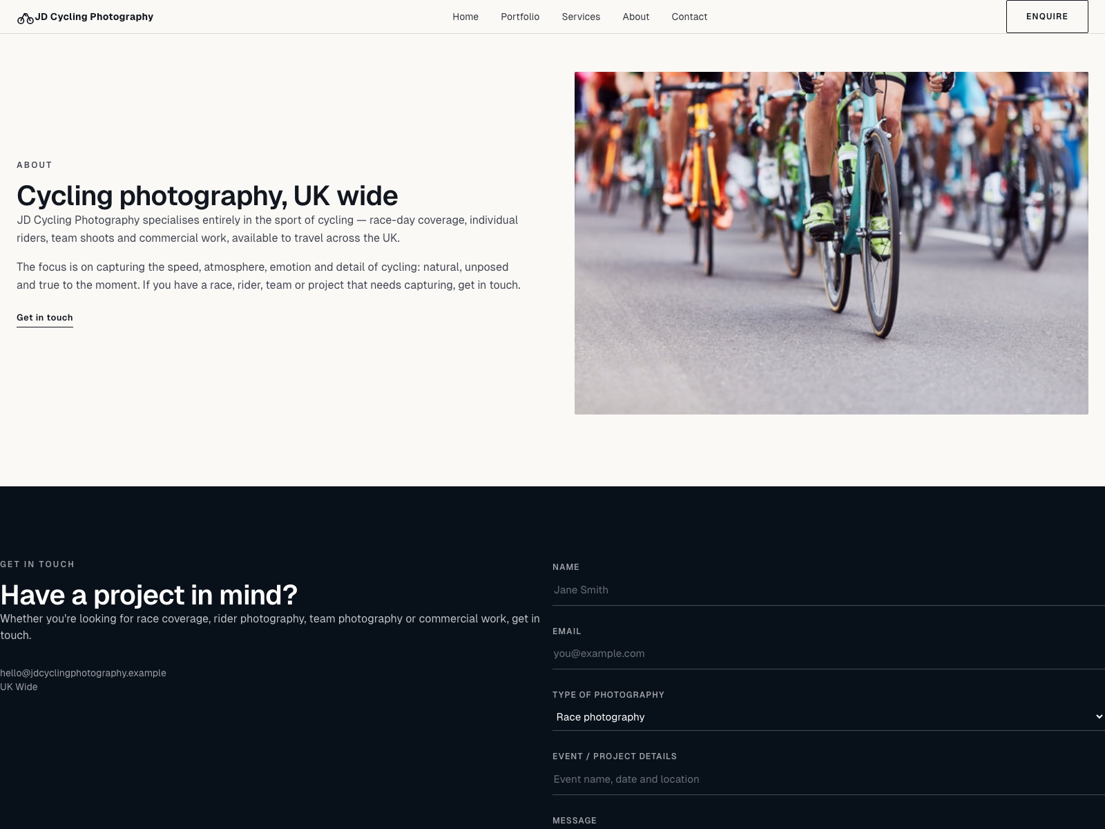 JD Cycling Photography website — about page