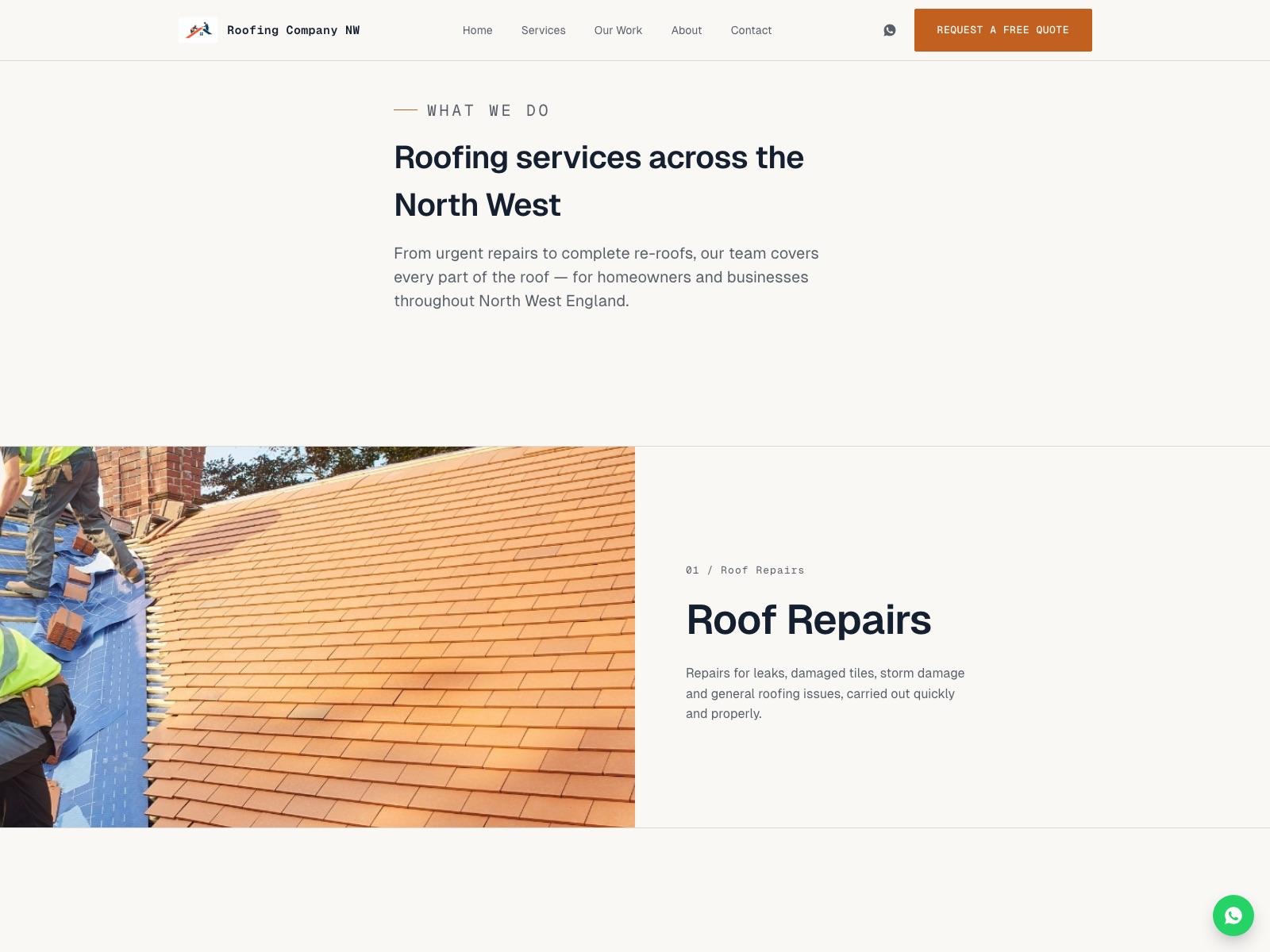 Roofing Company NW website — services page