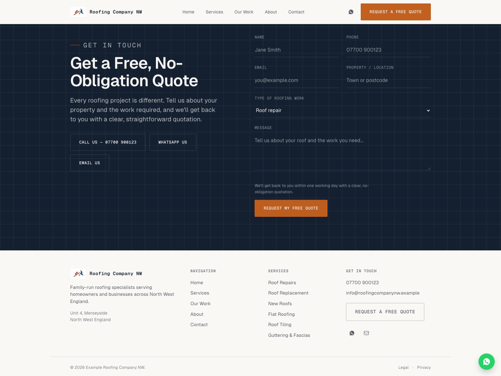Roofing Company NW website — contact page